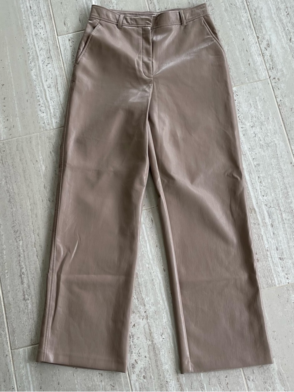 Aritzia Babaton Agency Pant Vegan Leather High Waisted Sz 10 Straight Leg Taupe